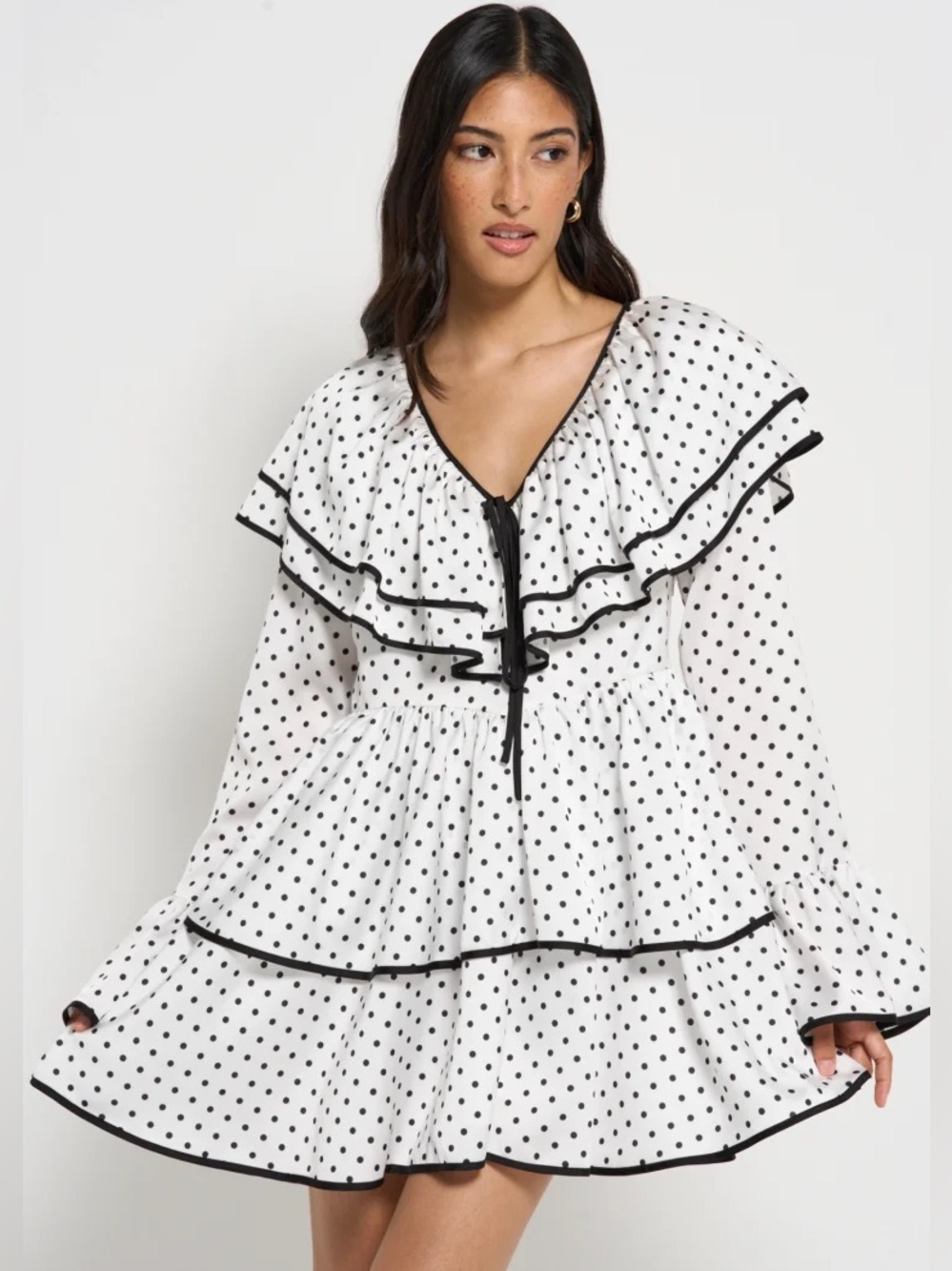 BELLEVUE - BETTY DRESS 

Polka Dot Ruffle Tiered Mini Dress - White & Black